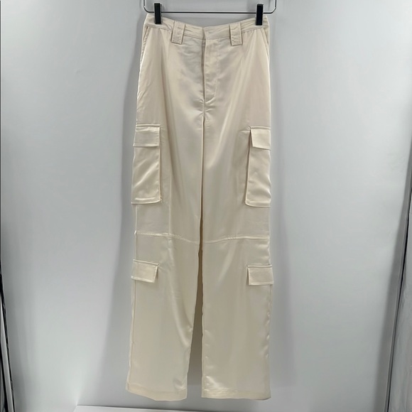 Love Tree Cream Ivory Satin Cargo Pants High Waist Relaxed Fit Pockets Silky Sm - Picture 3 of 11